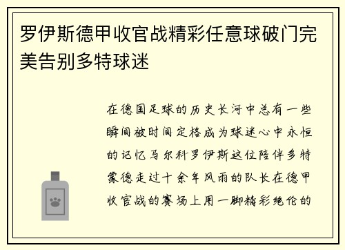 罗伊斯德甲收官战精彩任意球破门完美告别多特球迷 罗伊斯德甲收官战精彩任意球破门完美告别多特球迷